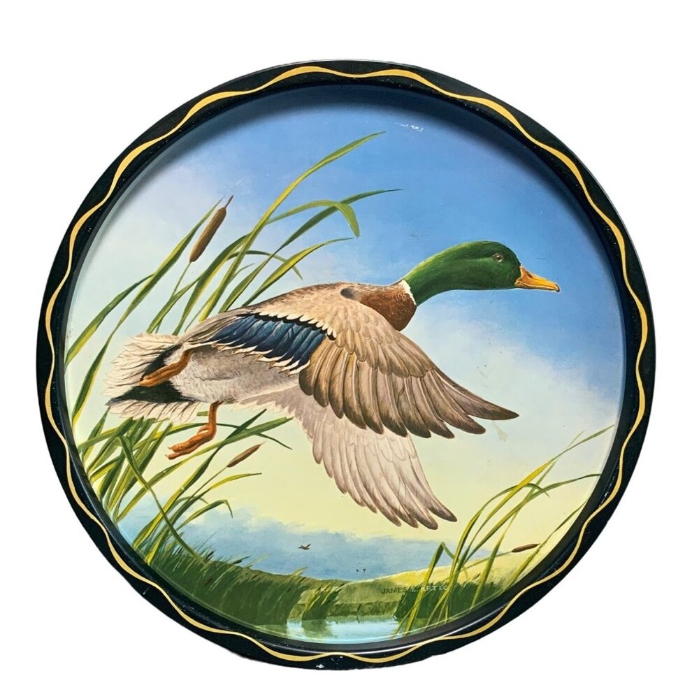 Vintage Metal Duck Themed Wall Decor Plate by James Artig 11" Round Nature Art